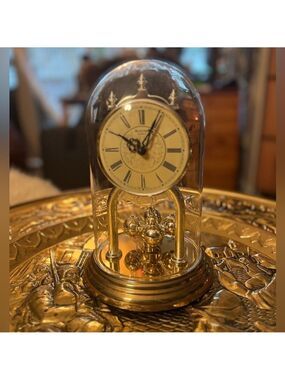 BULOVA Classic Signed German Mantle Desk Clock • Works • Glass Dome • Gold Tone
